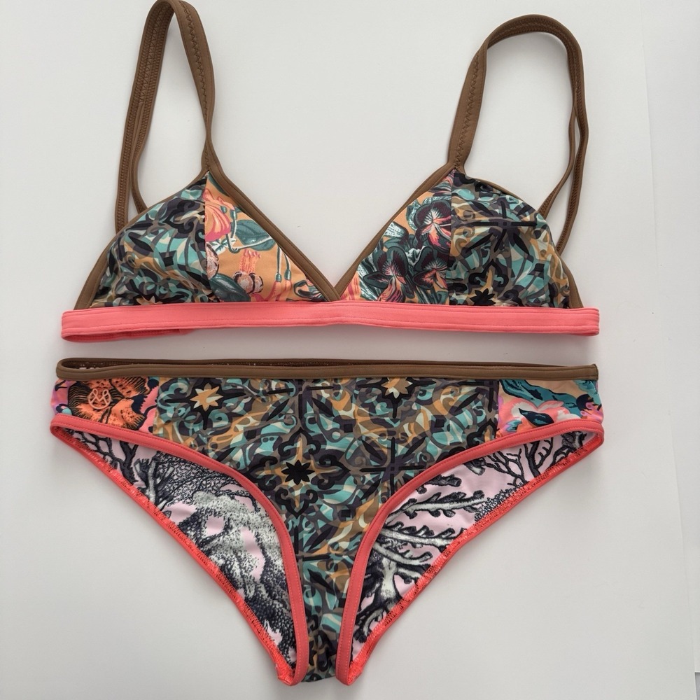 Maaji Reversible Bikini Set XL Tropical Floral Coral Triangle Tie Swimwear Boho